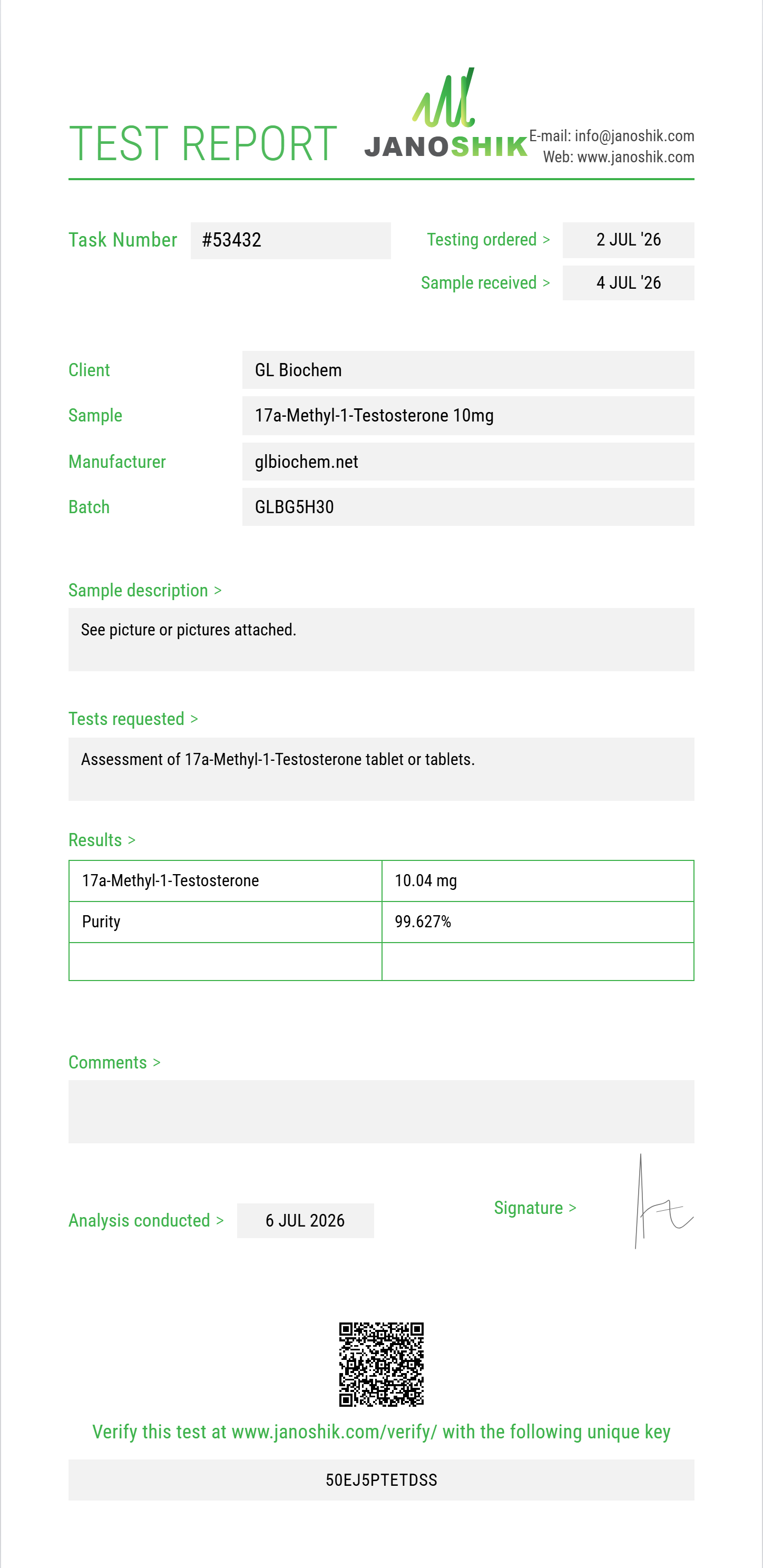 17a-Methyl-1-Testosterone 10mg*100tabs Purity (HPLC) report by Janoshik Analytical