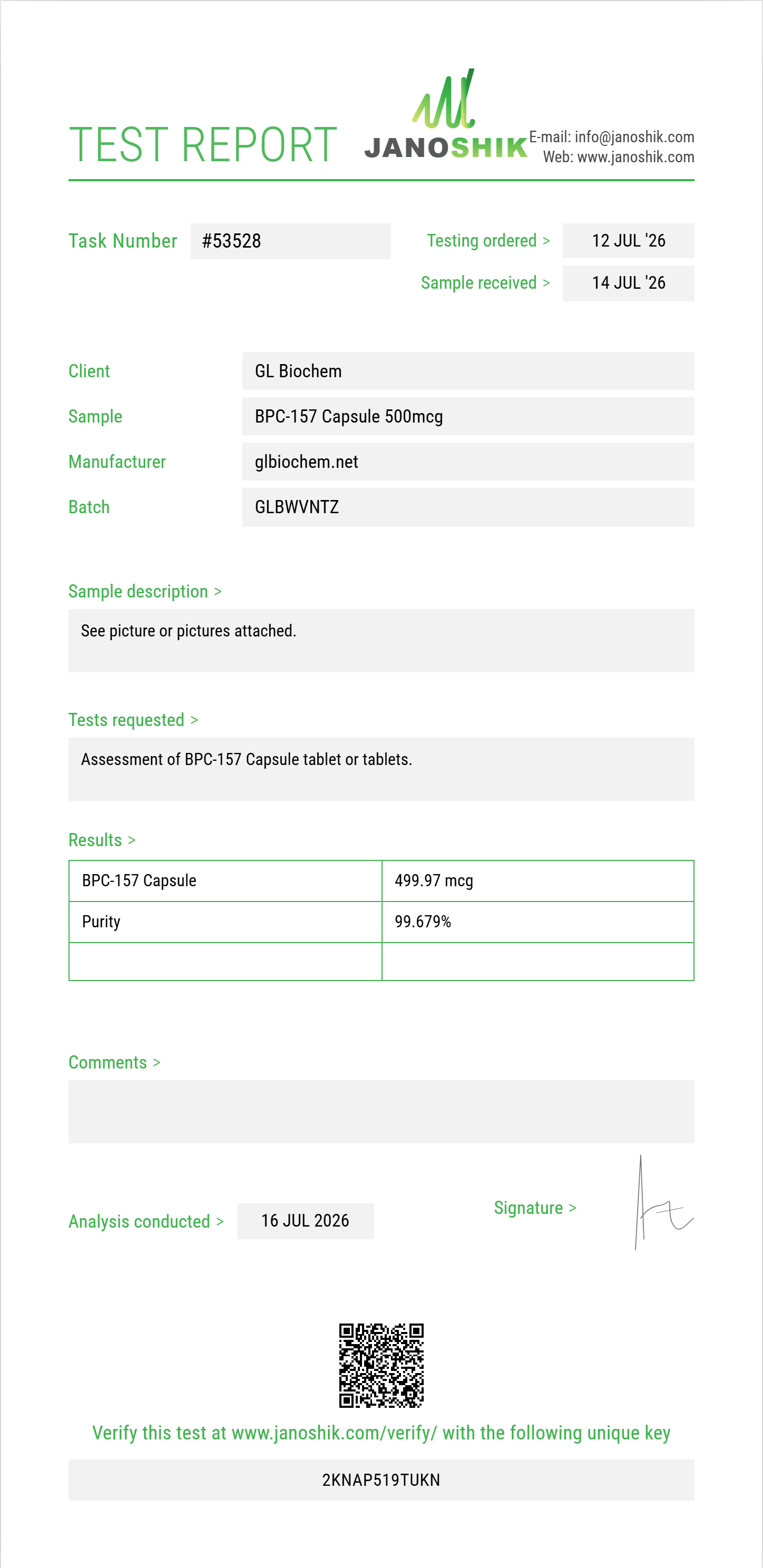 BPC-157 Capsule 500mcg*60caps Purity (HPLC) report by Janoshik Analytical