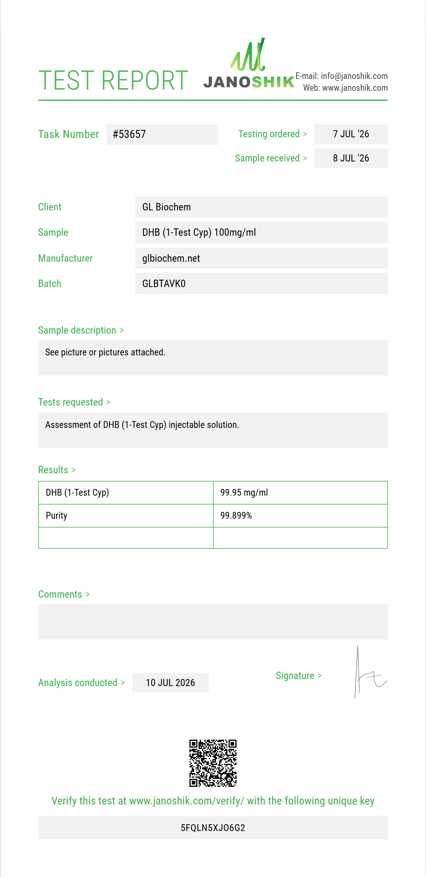 DHB (1-Test Cyp) 100mg/ml*10ml Purity (HPLC) report by Janoshik Analytical