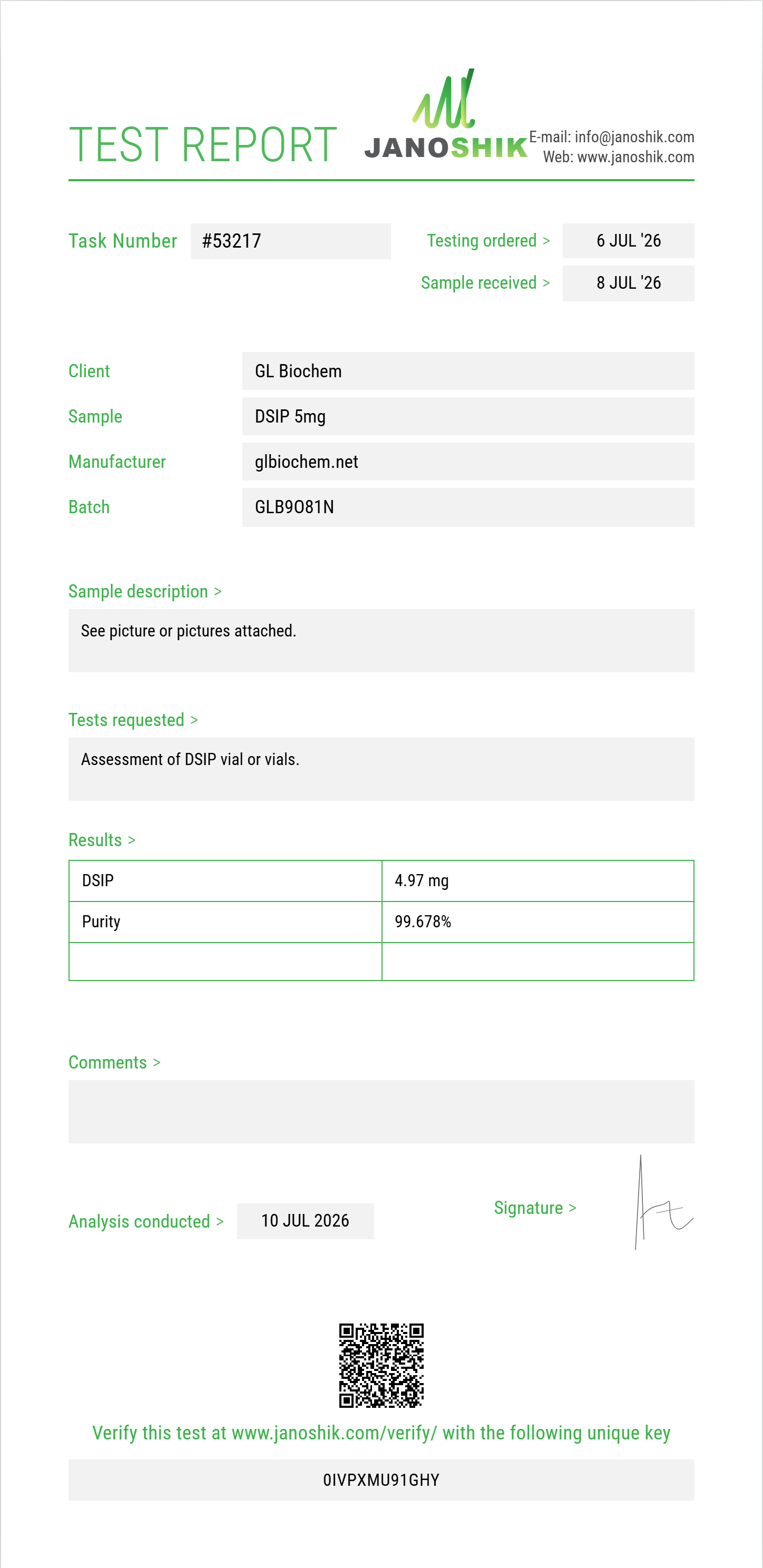 DSIP 5mg x 10 vials Purity (HPLC) report by Janoshik Analytical