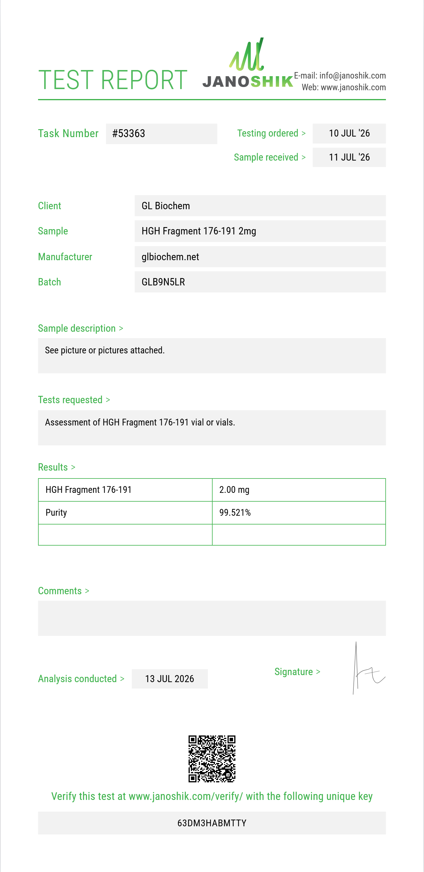 HGH Fragment 176-191 2mg x 10 vials Purity (HPLC) report by Janoshik Analytical