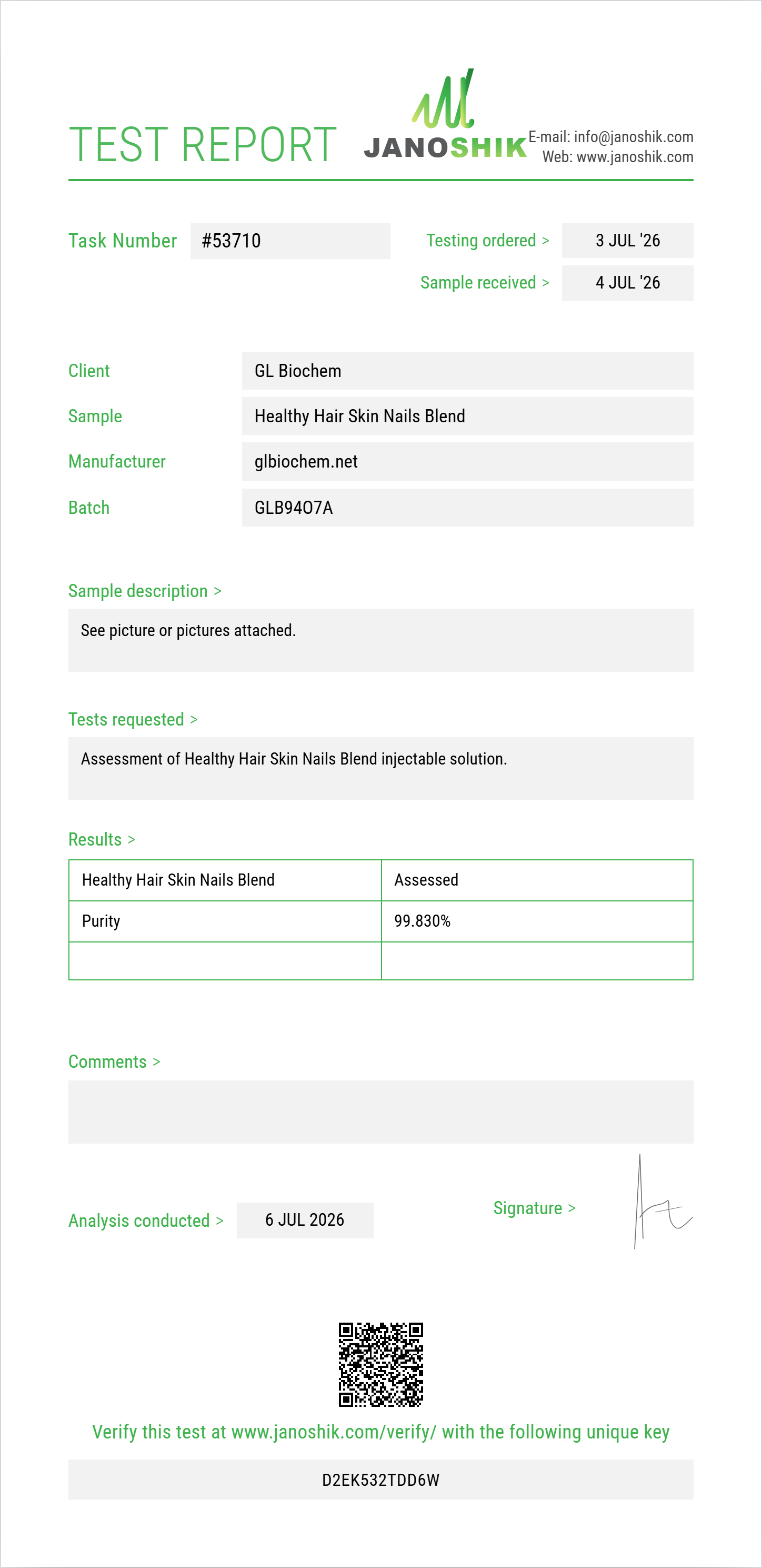 Healthy Hair Skin Nails Blend (Niacinamide+Thiamine+Pantothenic Acid+Choline+Inositol+Niacin+Biotin+Folic Acid+Riboflavin) 10ml vial Purity (HPLC) report by Janoshik Analytical