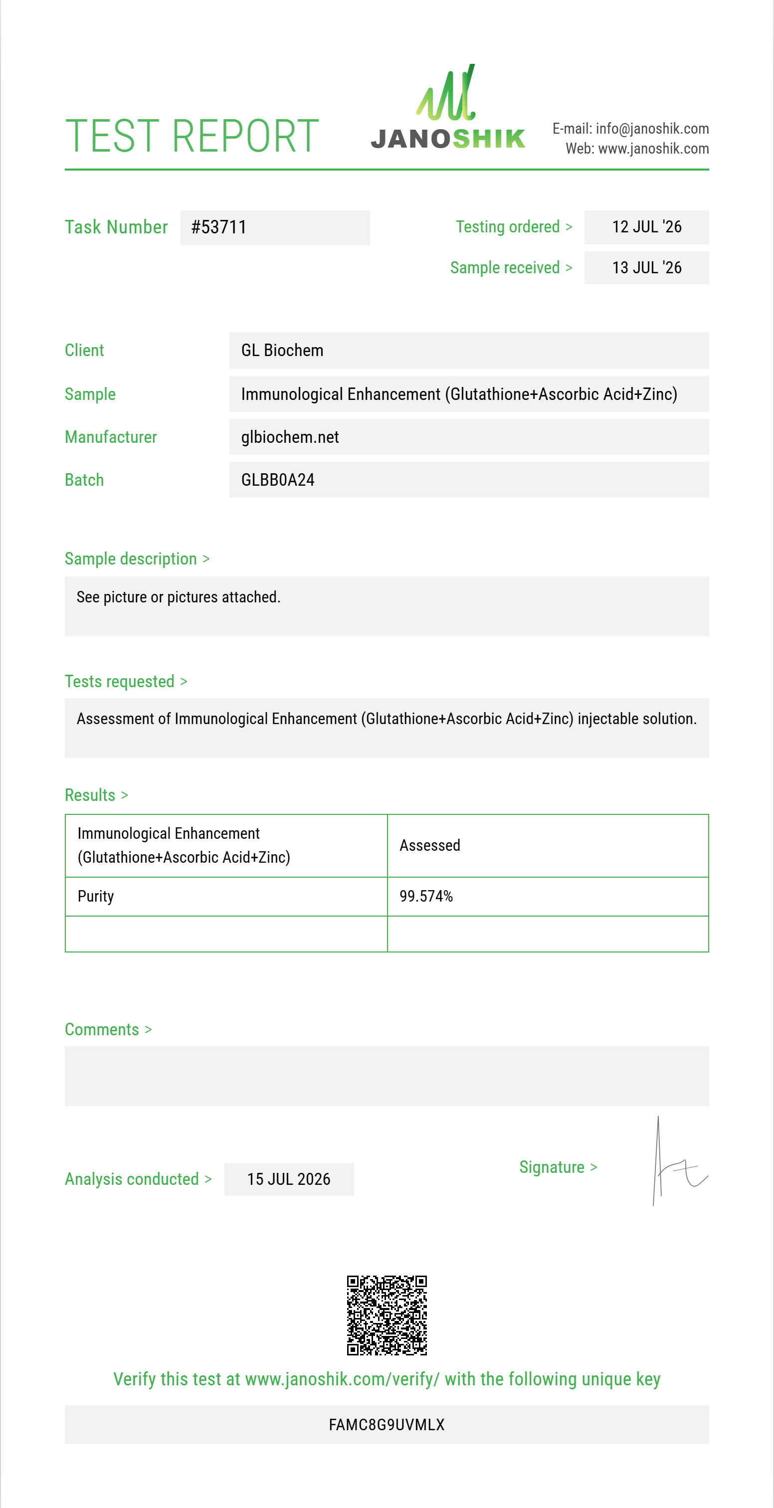 Immunological Enhancement (Glutathione 200mg+Ascorbic Acid 200mg+Zinc Sulfate 2.5mg) 10ml vial Purity (HPLC) report by Janoshik Analytical