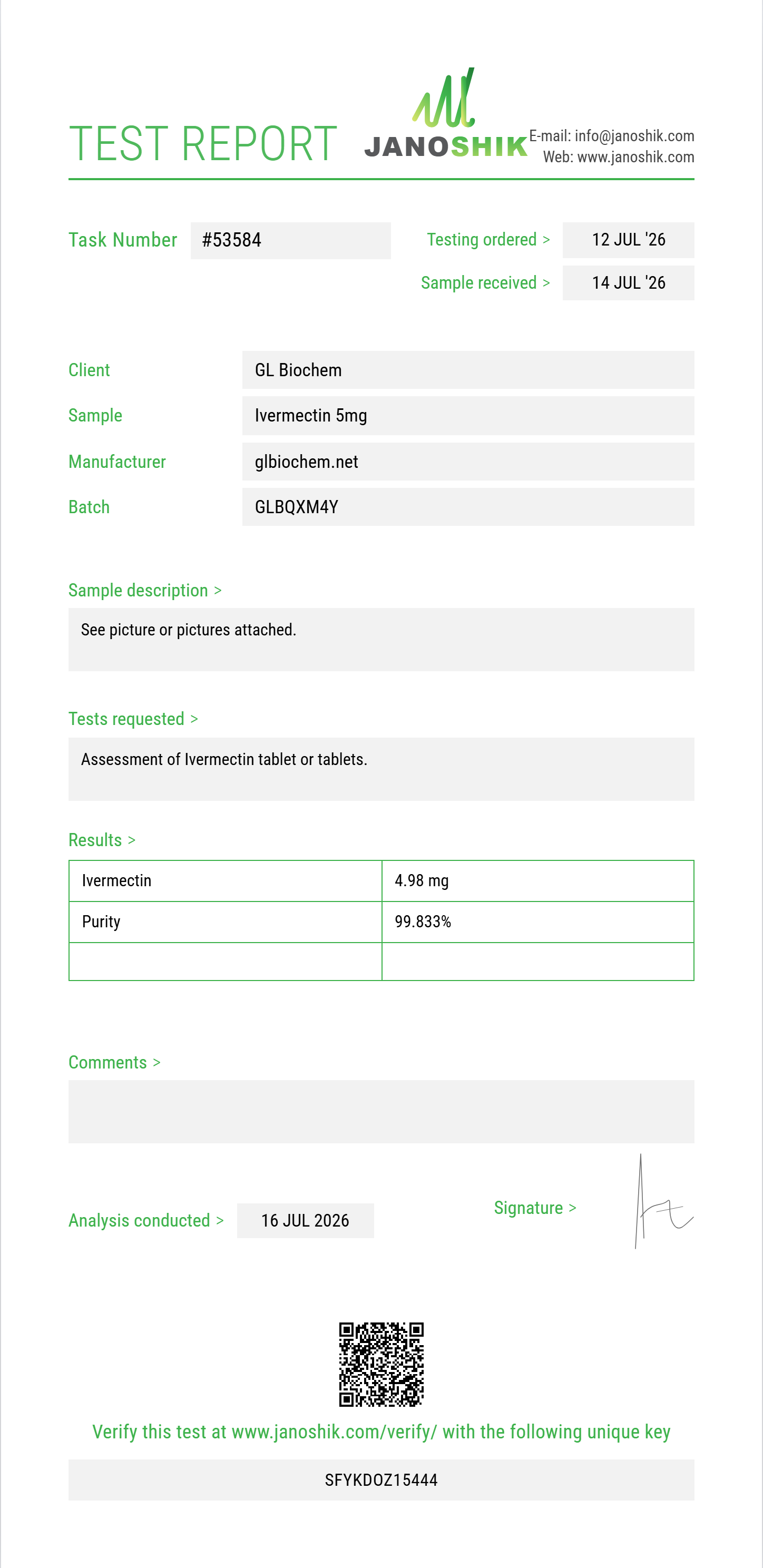 Ivermectin 5mg*100tabs Purity (HPLC) report by Janoshik Analytical