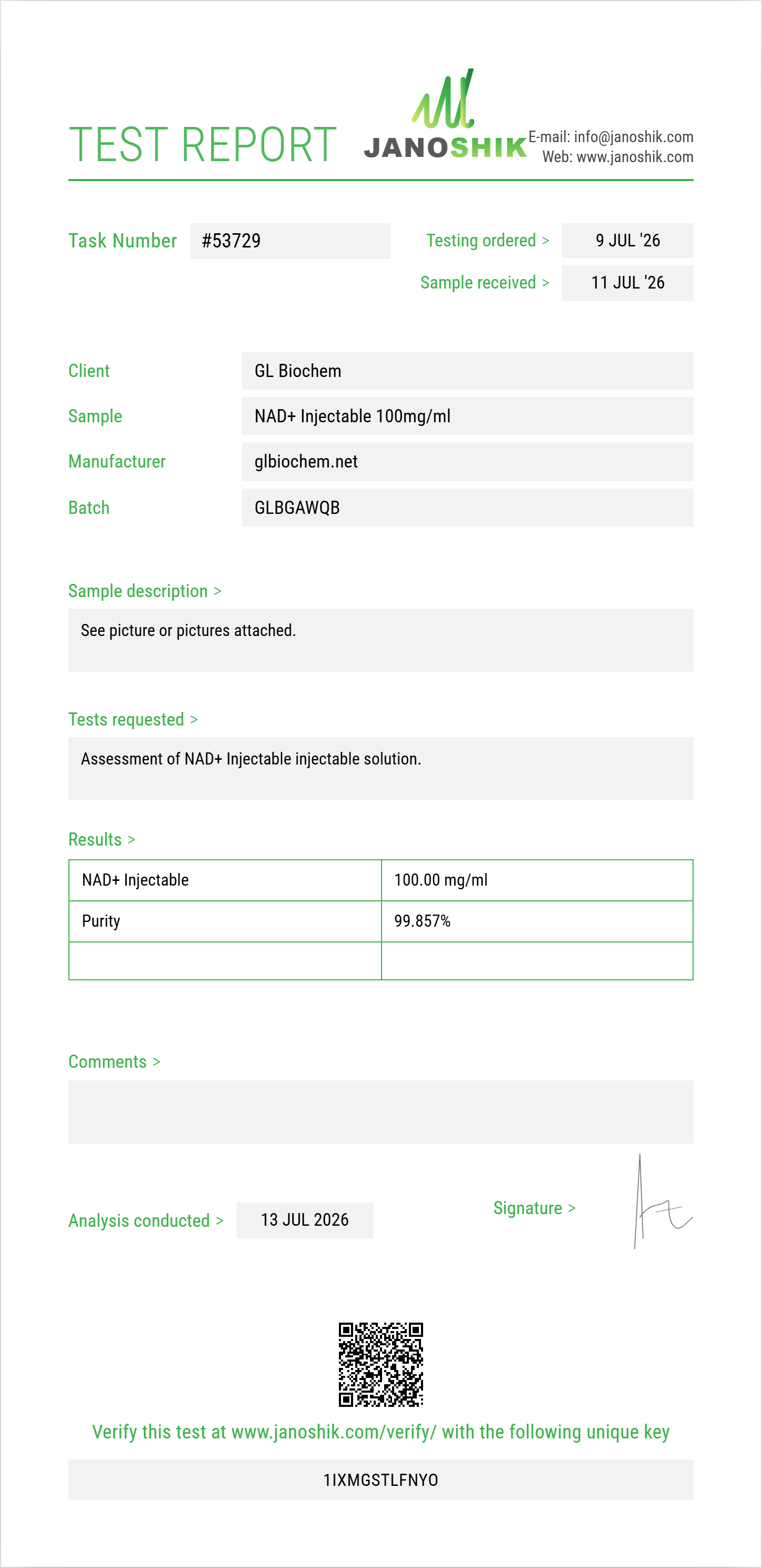 NAD+ Injectable 100mg/ml*10ml Purity (HPLC) report by Janoshik Analytical