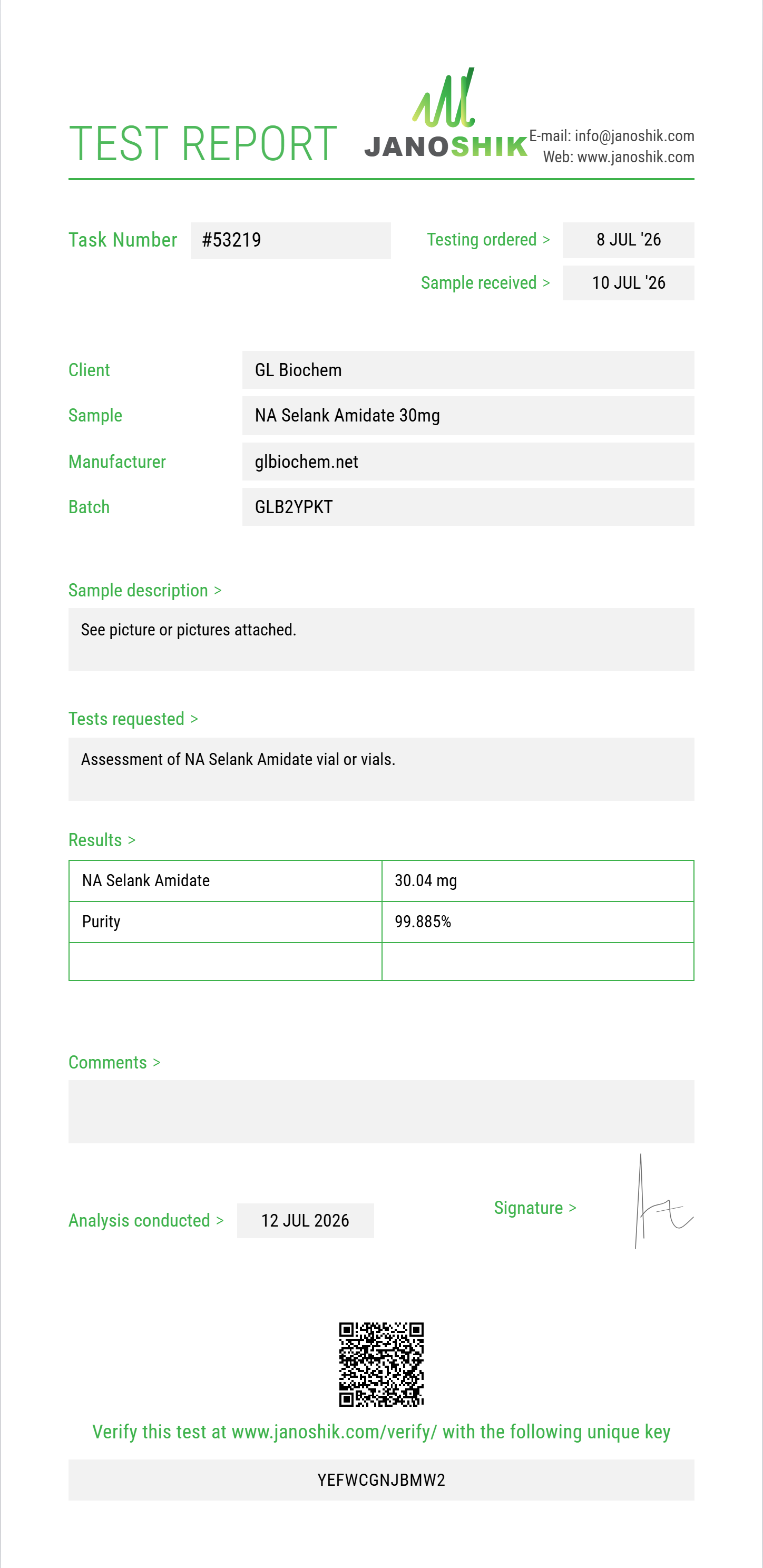 NA Selank Amidate 30mg x 10 vials Purity (HPLC) report by Janoshik Analytical
