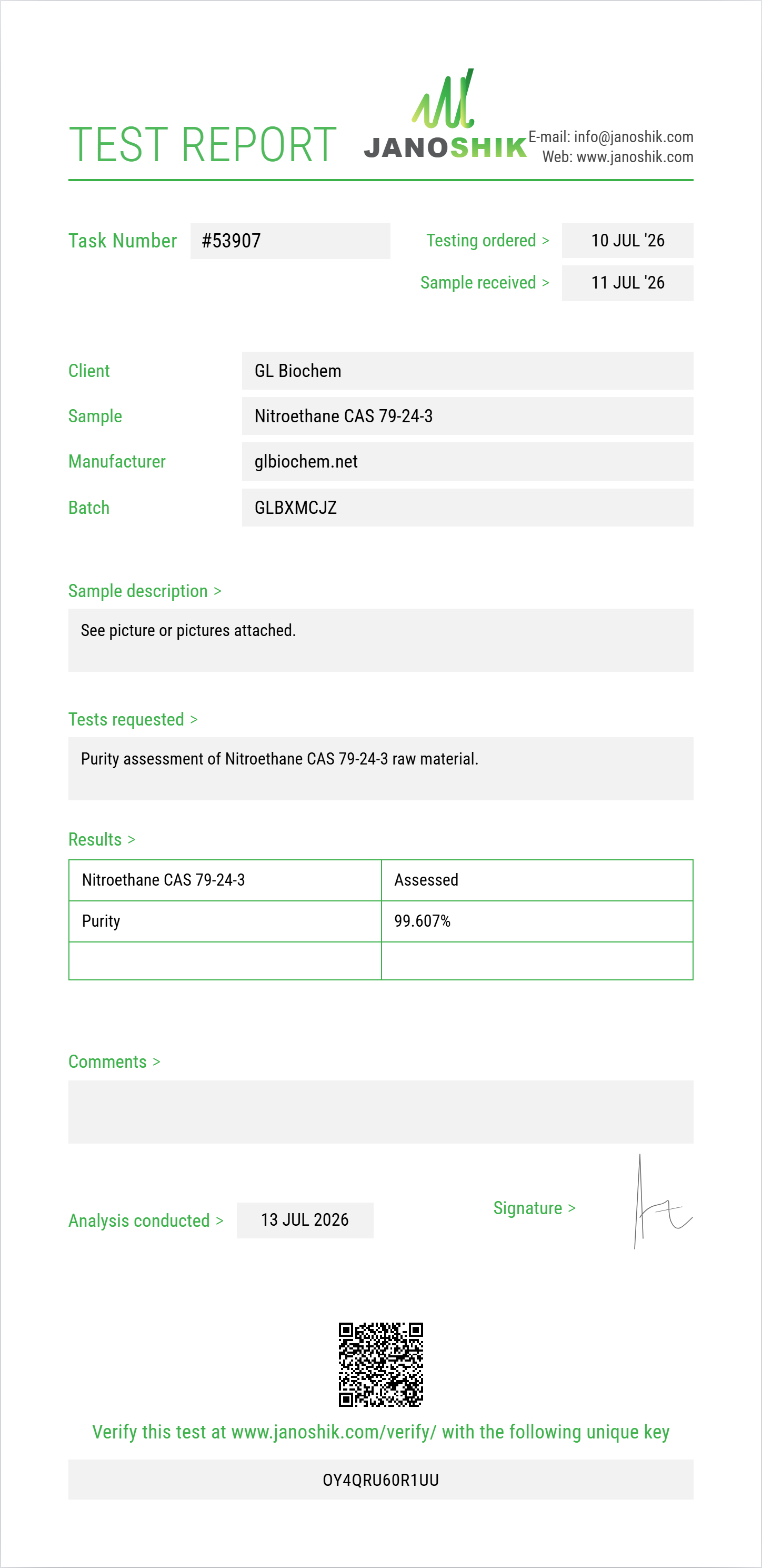 Nitroethane CAS 79-24-3 Purity (HPLC) report by Janoshik Analytical