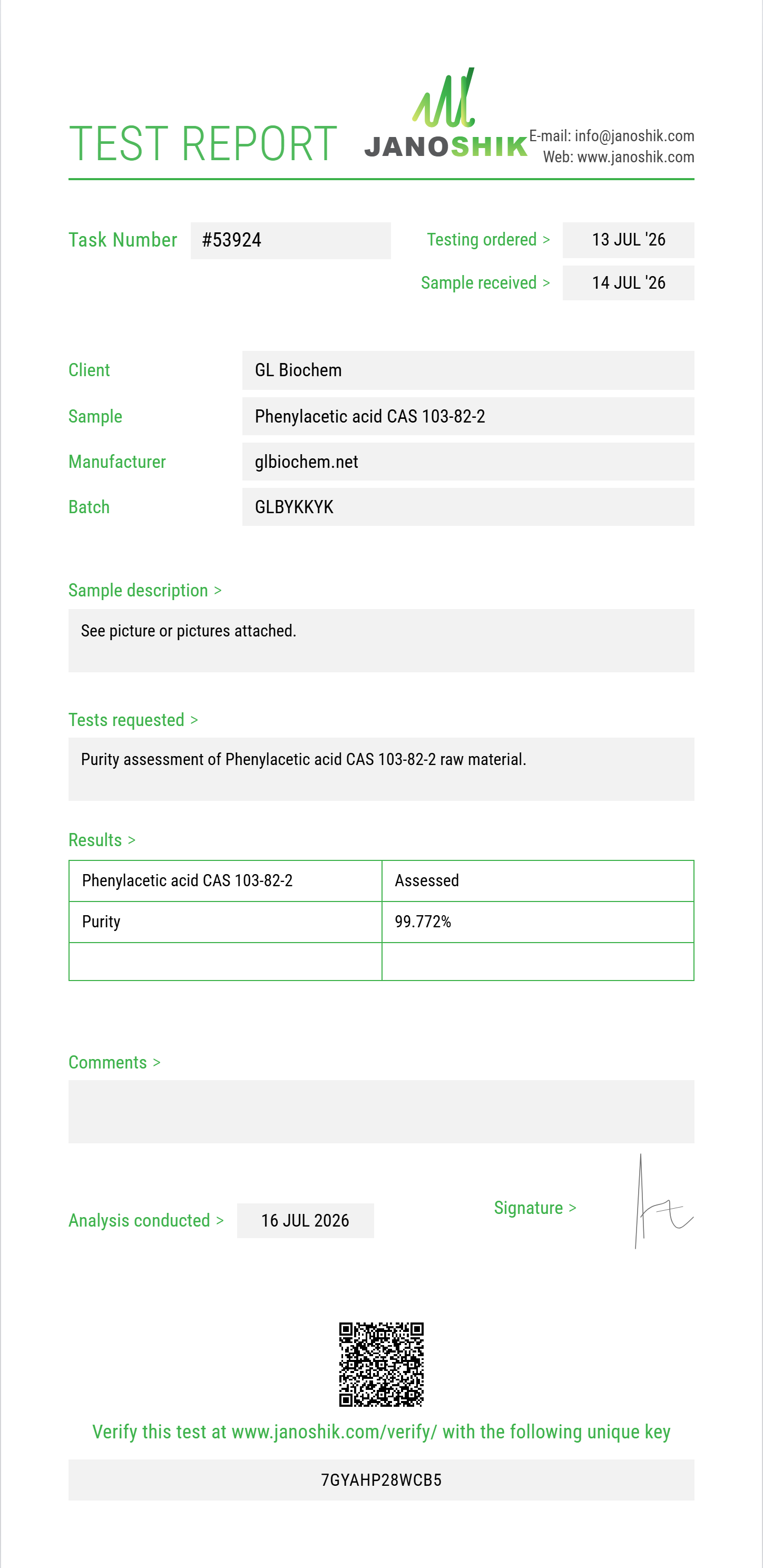Phenylacetic acid CAS 103-82-2 Purity (HPLC) report by Janoshik Analytical
