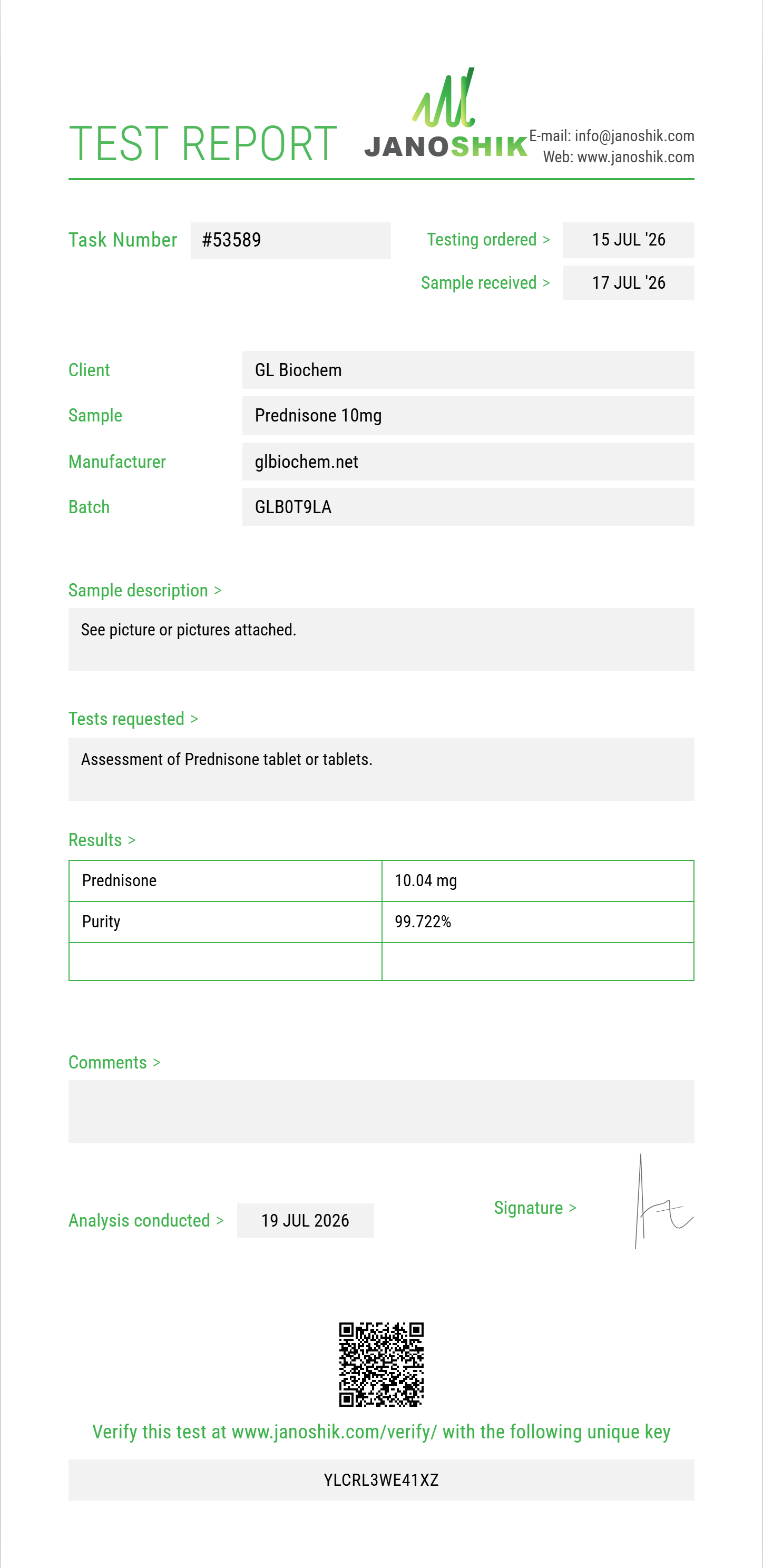 Prednisone 10mg*100tabs Purity (HPLC) report by Janoshik Analytical