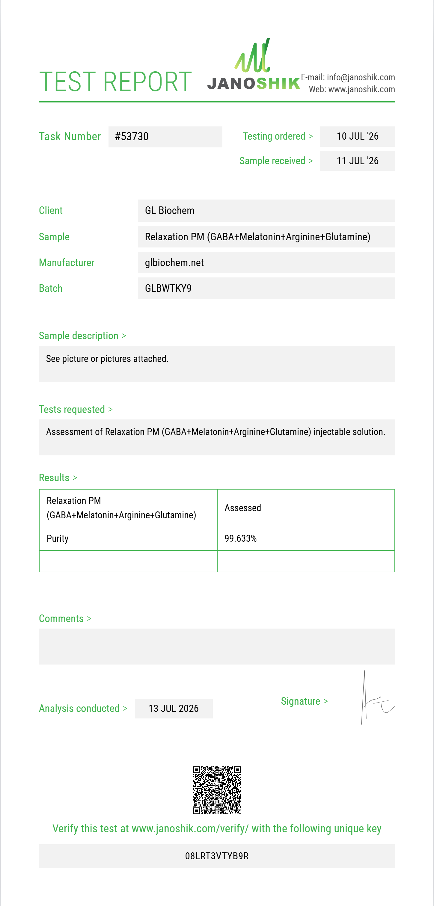 Relaxation PM (GABA 100mg+Melatonin 1mg+Arginine 100mg+Glutamine 25mg) 10ml vial Purity (HPLC) report by Janoshik Analytical