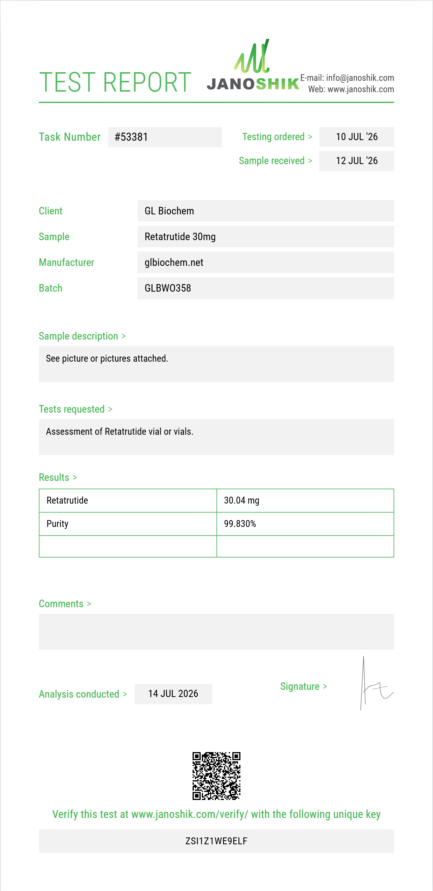 Retatrutide 30mg x 10 vials Purity (HPLC) report by Janoshik Analytical
