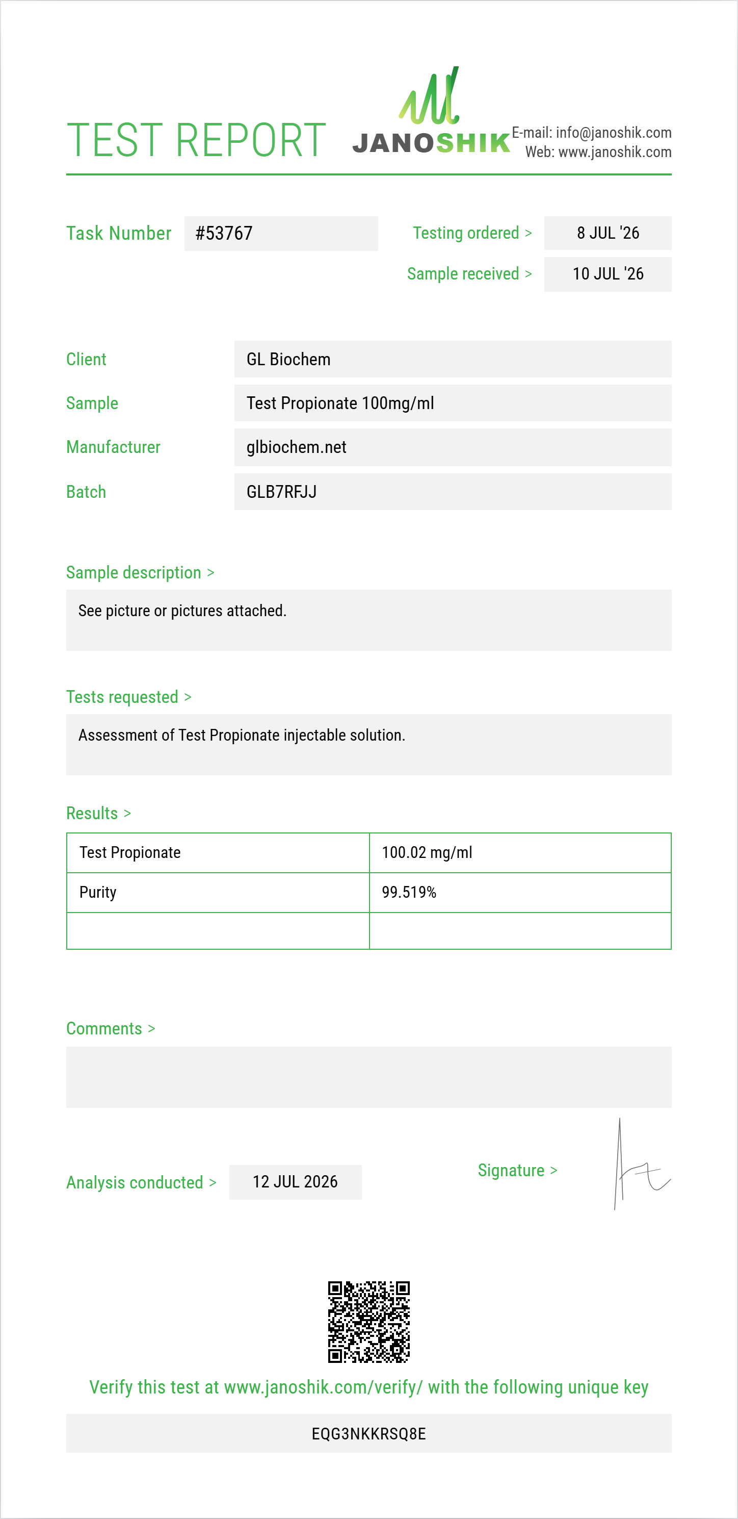 Test Propionate 100mg/ml*10ml Purity (HPLC) report by Janoshik Analytical