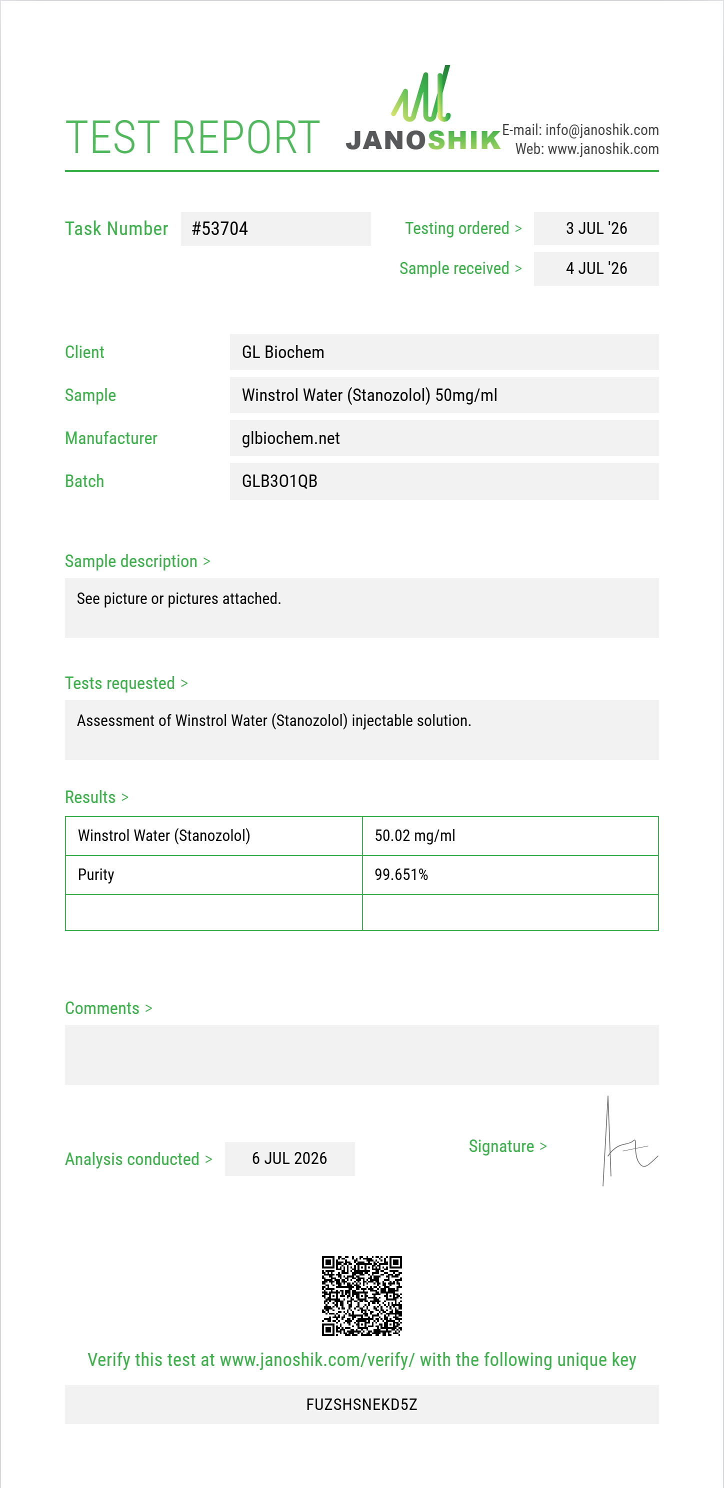 Winstrol Water (Stanozolol) 50mg/ml*10ml Purity (HPLC) report by Janoshik Analytical