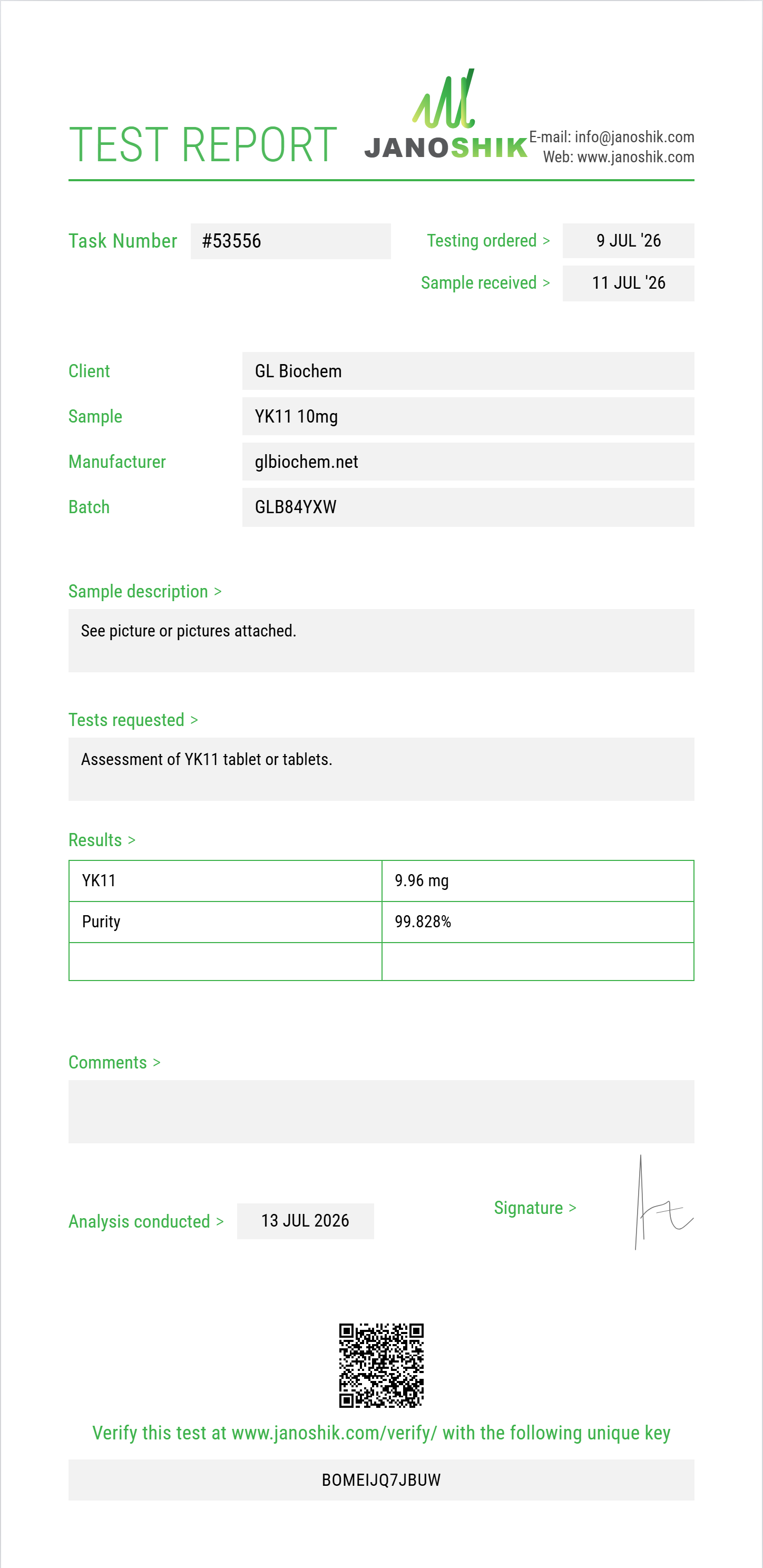 YK11 10mg*100tabs Purity (HPLC) report by Janoshik Analytical
