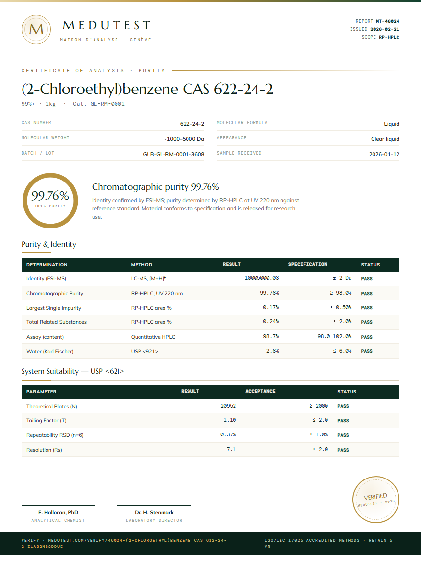(2-Chloroethyl)benzene CAS 622-24-2 Purity (HPLC) report by Medutest