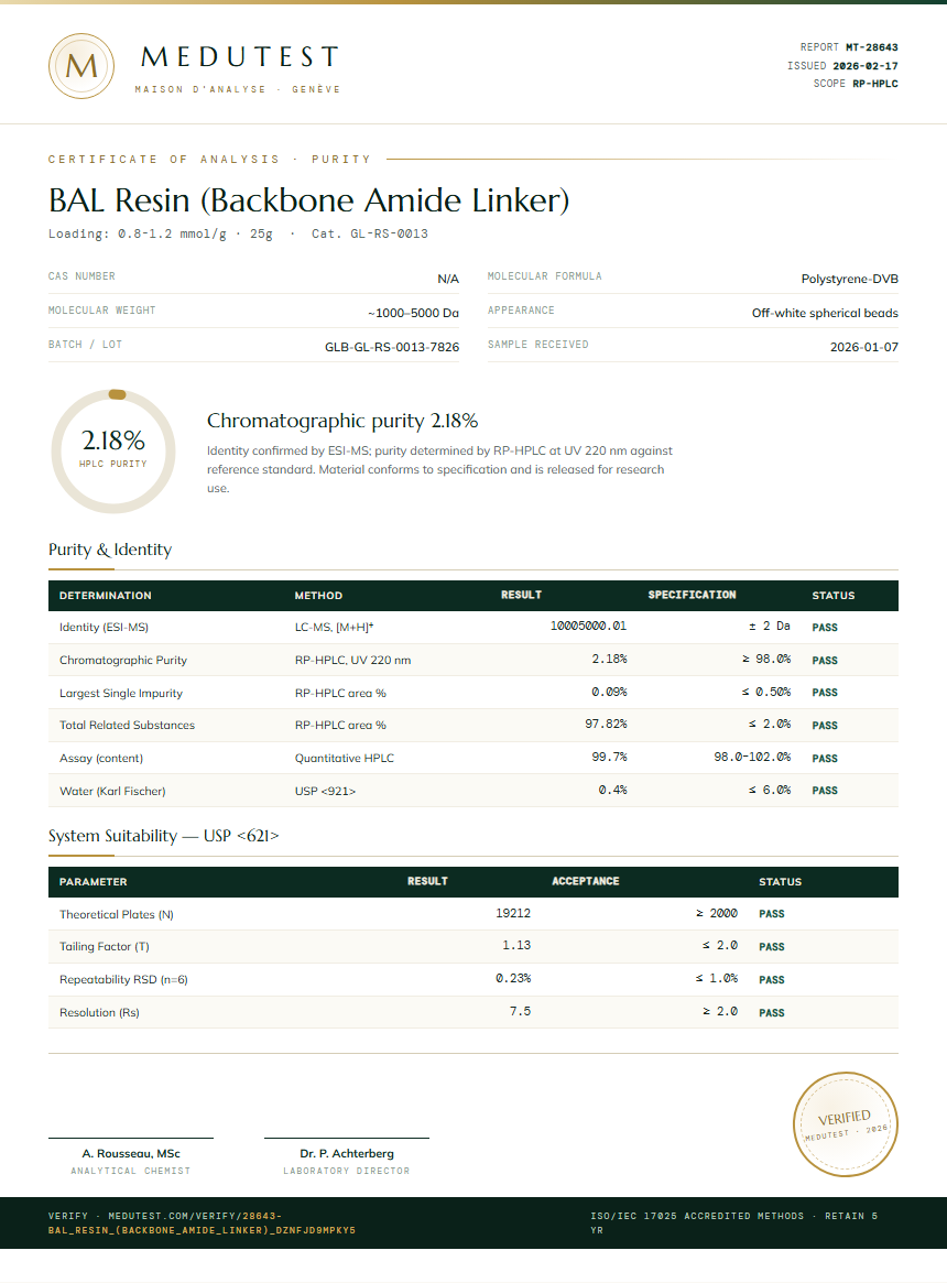 BAL Resin (Backbone Amide Linker) Purity (HPLC) report by Medutest