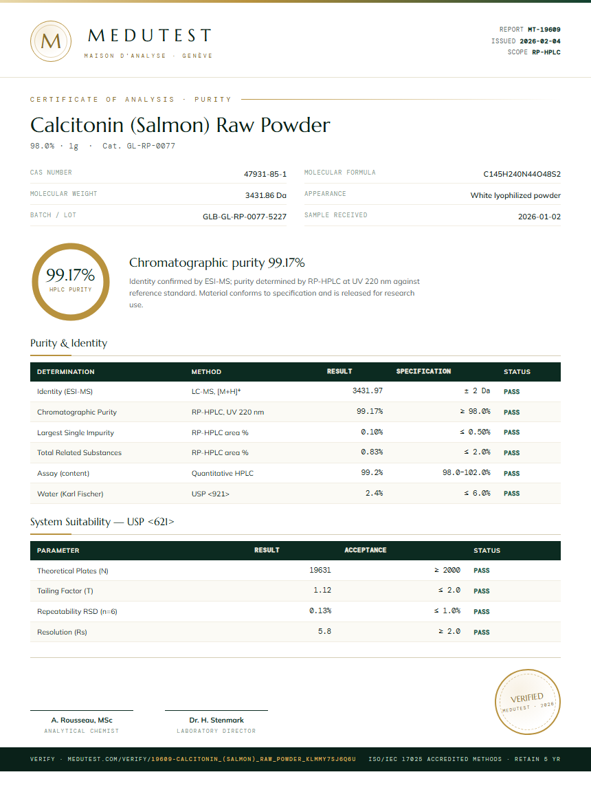 Calcitonin (Salmon) Raw Powder Purity (HPLC) report by Medutest