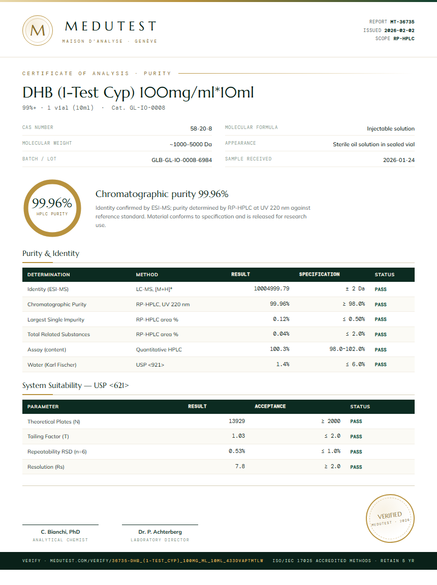 DHB (1-Test Cyp) 100mg/ml*10ml Purity (HPLC) report by Medutest