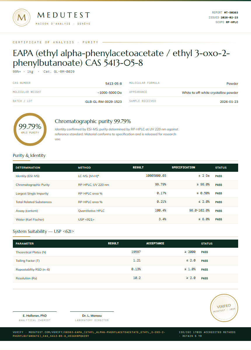 EAPA (ethyl alpha-phenylacetoacetate / ethyl 3-oxo-2-phenylbutanoate) CAS 5413-05-8 Purity (HPLC) report by Medutest