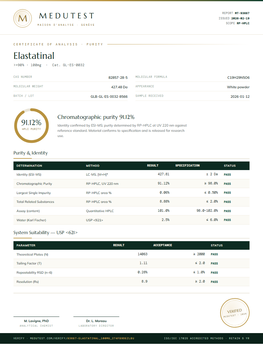 Elastatinal Purity (HPLC) report by Medutest