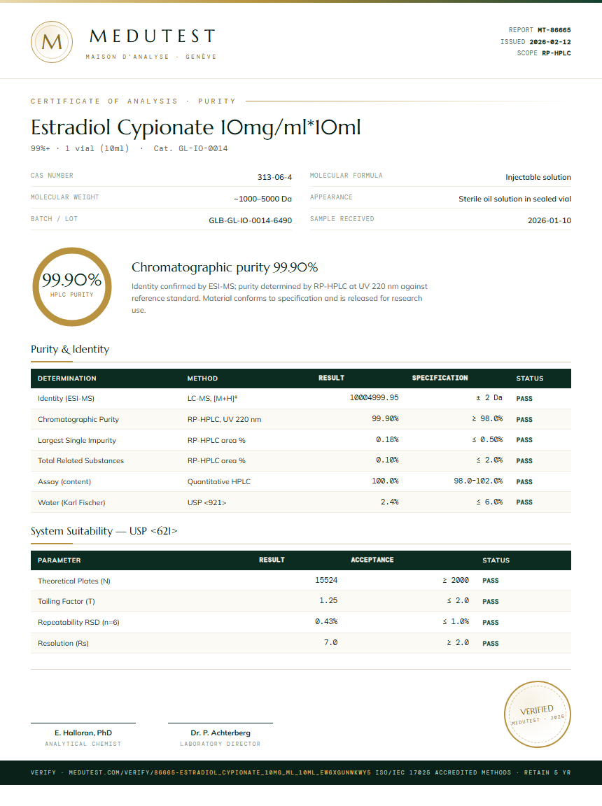 Estradiol Cypionate 10mg/ml*10ml Purity (HPLC) report by Medutest