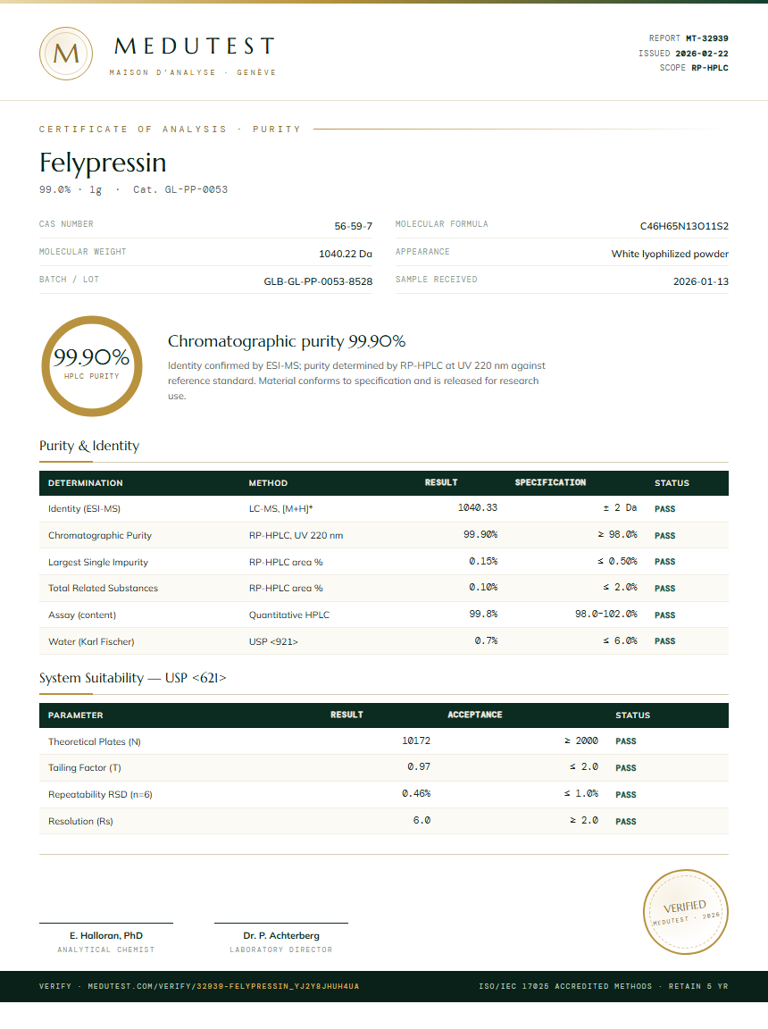 Felypressin Purity (HPLC) report by Medutest