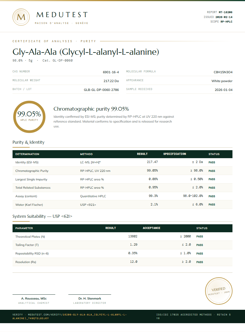 Gly-Ala-Ala (Glycyl-L-alanyl-L-alanine) Purity (HPLC) report by Medutest