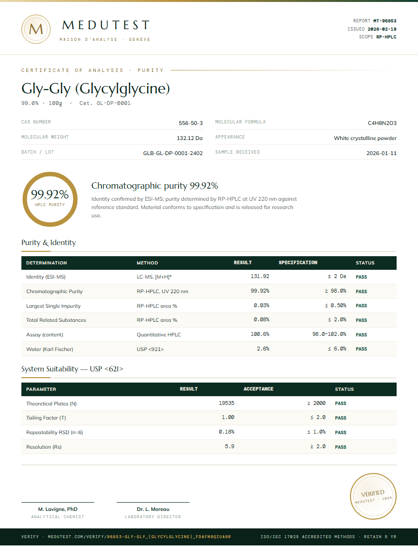 Gly-Gly (Glycylglycine) Purity (HPLC) report by Medutest