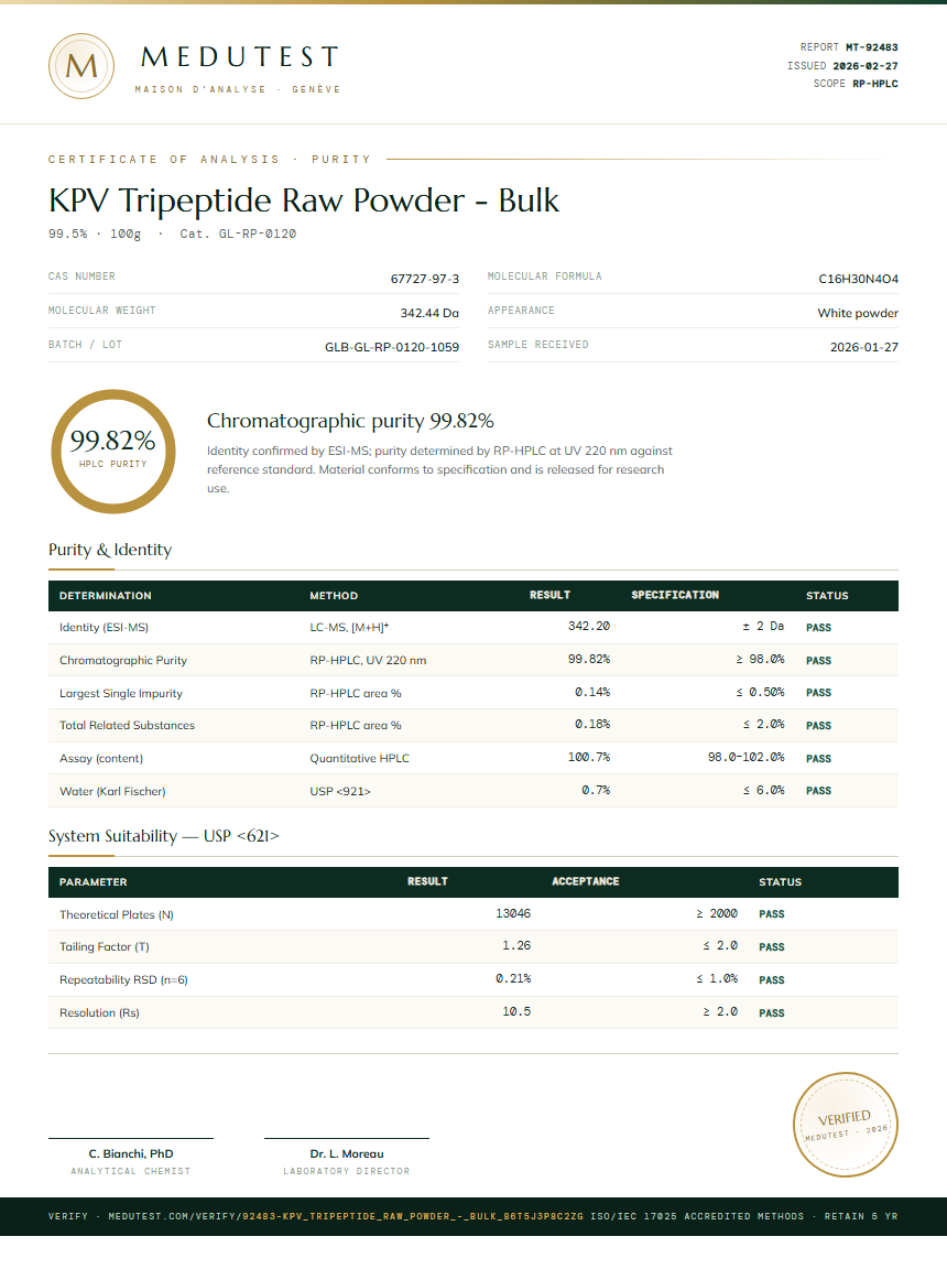 KPV Tripeptide Raw Powder - Bulk Purity (HPLC) report by Medutest
