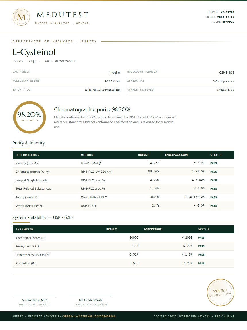 L-Cysteinol Purity (HPLC) report by Medutest
