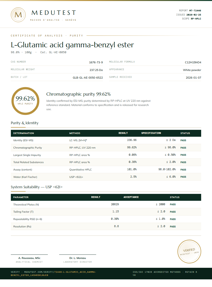 L-Glutamic acid gamma-benzyl ester Purity (HPLC) report by Medutest
