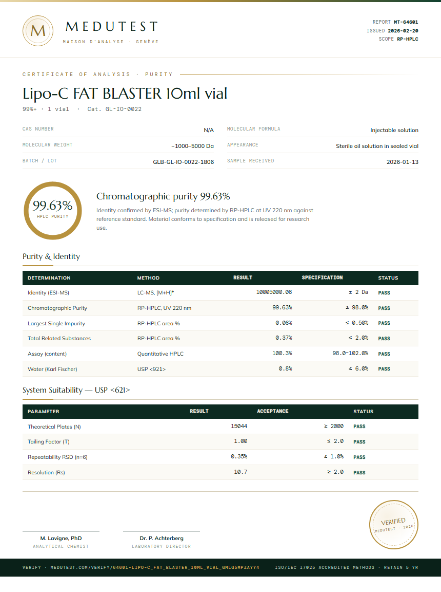 Lipo-C FAT BLASTER 10ml vial Purity (HPLC) report by Medutest
