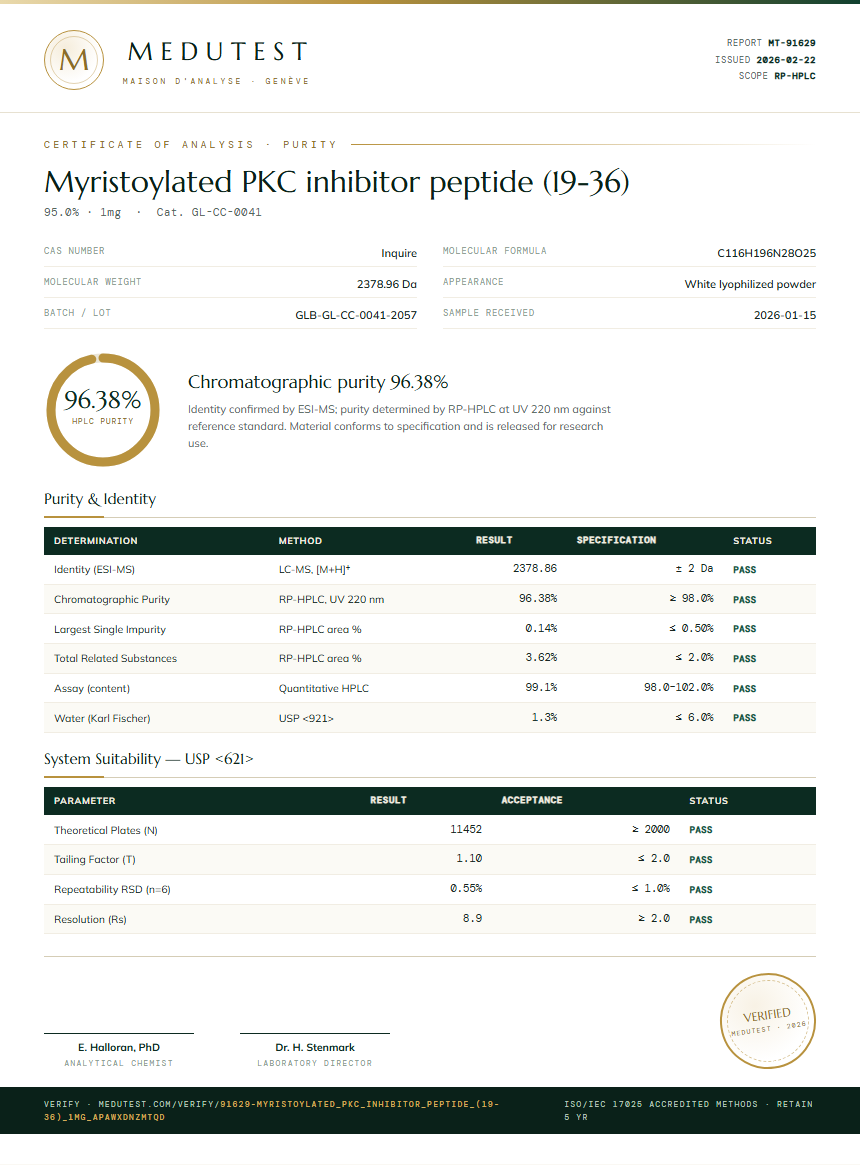 Myristoylated PKC inhibitor peptide (19-36) Purity (HPLC) report by Medutest