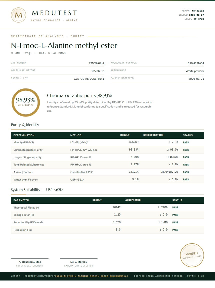 N-Fmoc-L-Alanine methyl ester Purity (HPLC) report by Medutest