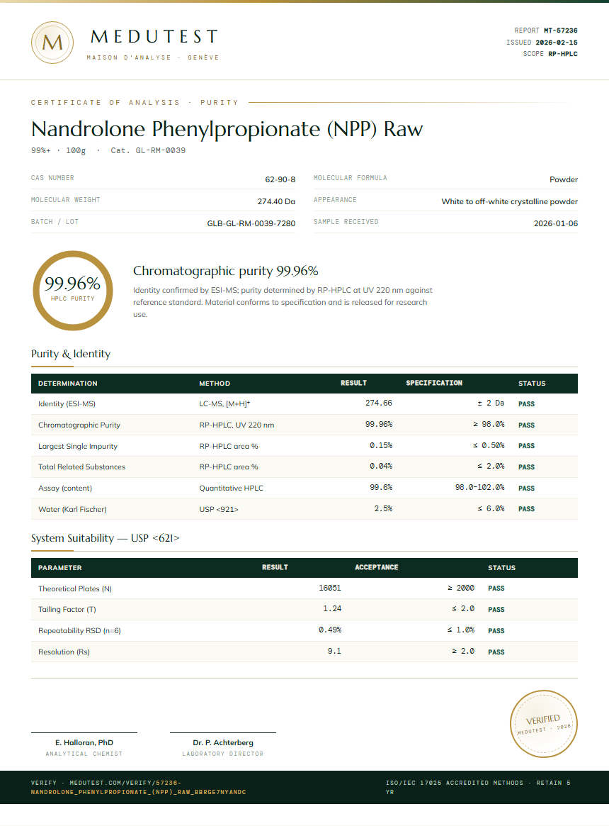 Nandrolone Phenylpropionate (NPP) Raw Purity (HPLC) report by Medutest