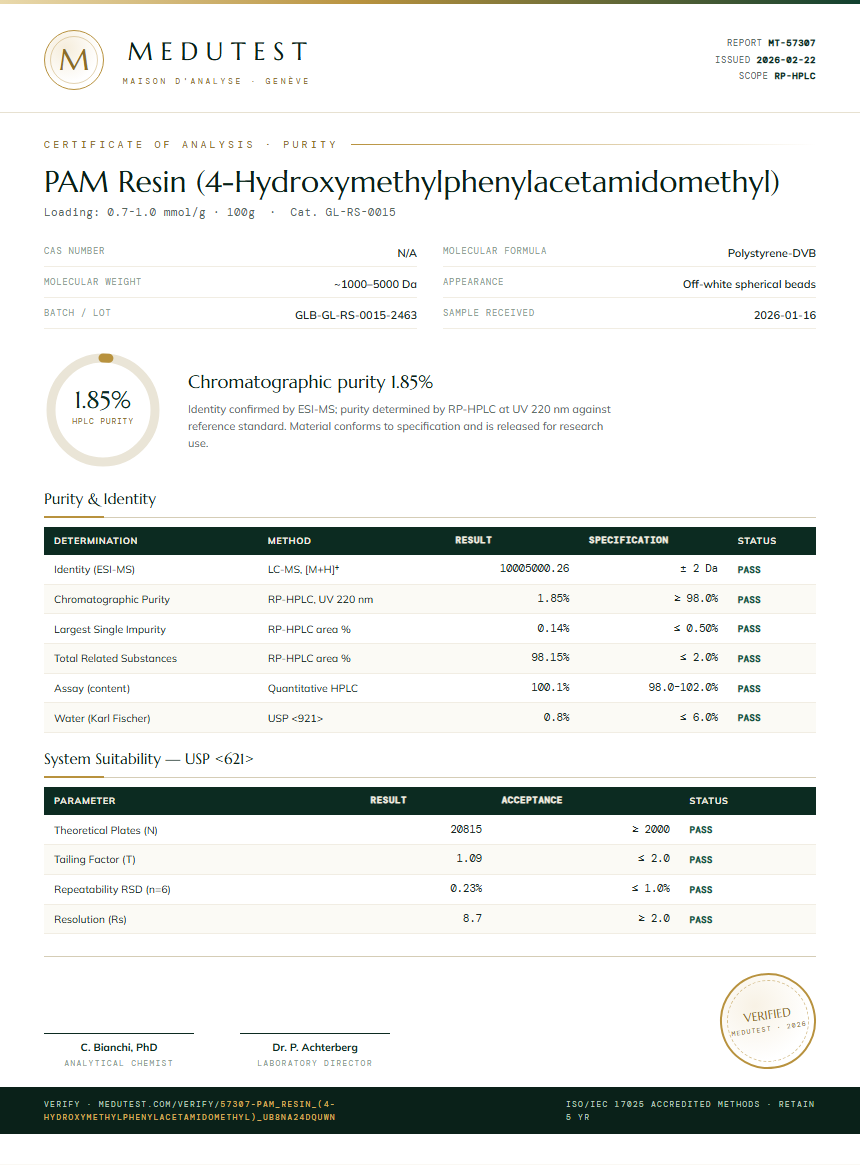 PAM Resin (4-Hydroxymethylphenylacetamidomethyl) Purity (HPLC) report by Medutest