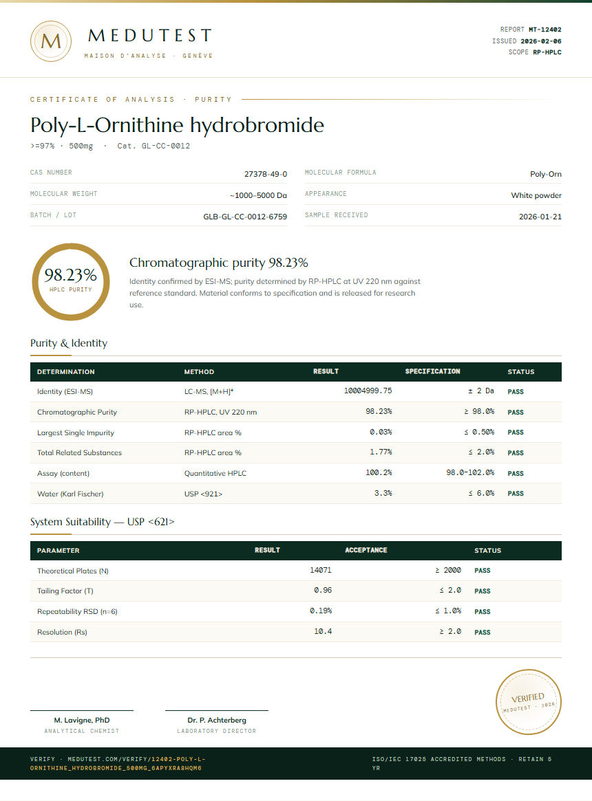 Poly-L-Ornithine hydrobromide Purity (HPLC) report by Medutest
