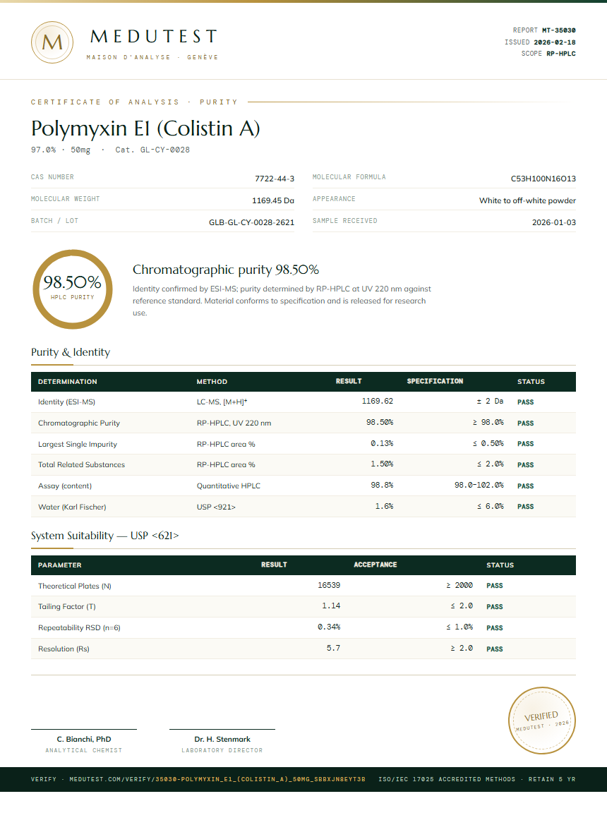 Polymyxin E1 (Colistin A) Purity (HPLC) report by Medutest