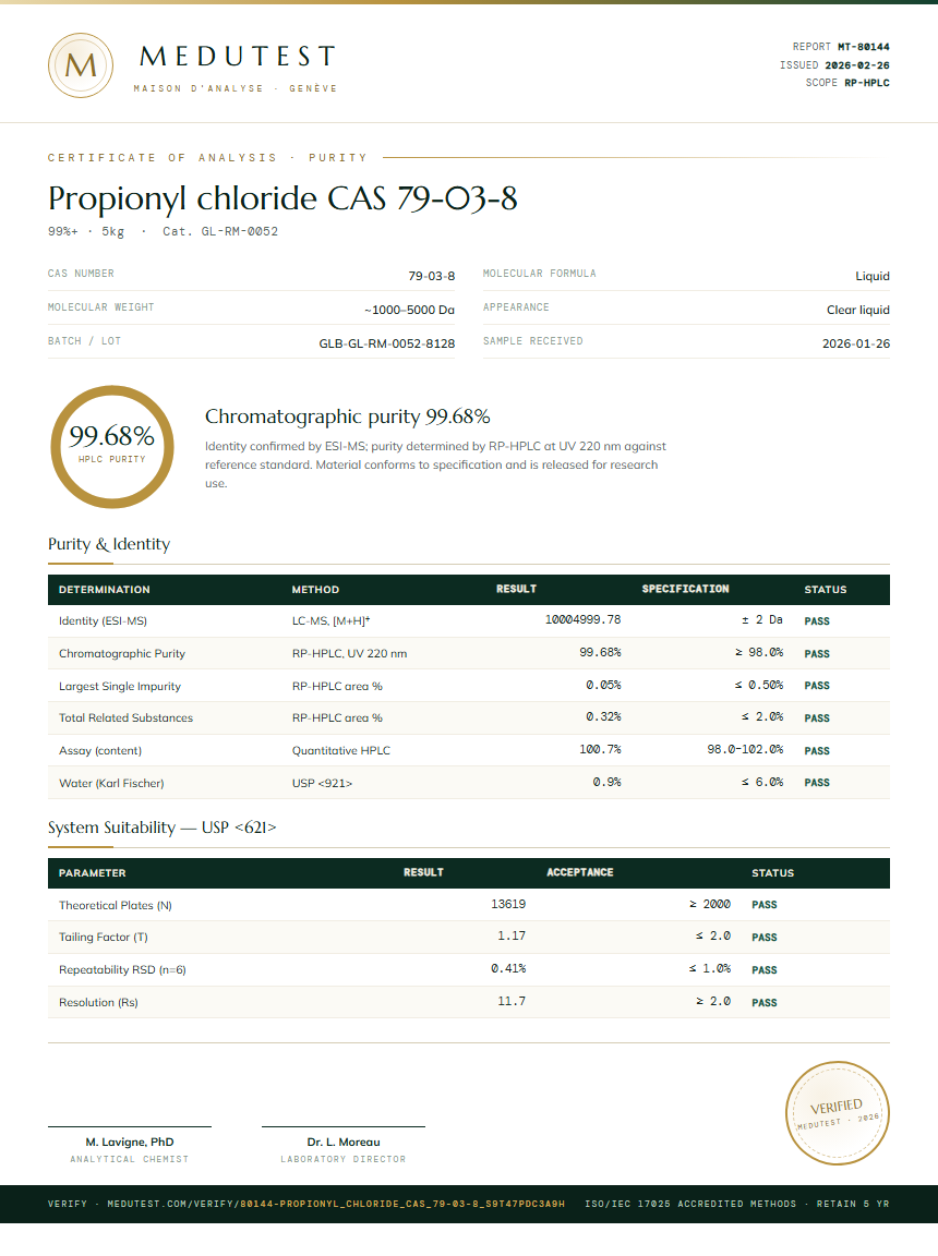 Propionyl chloride CAS 79-03-8 Purity (HPLC) report by Medutest