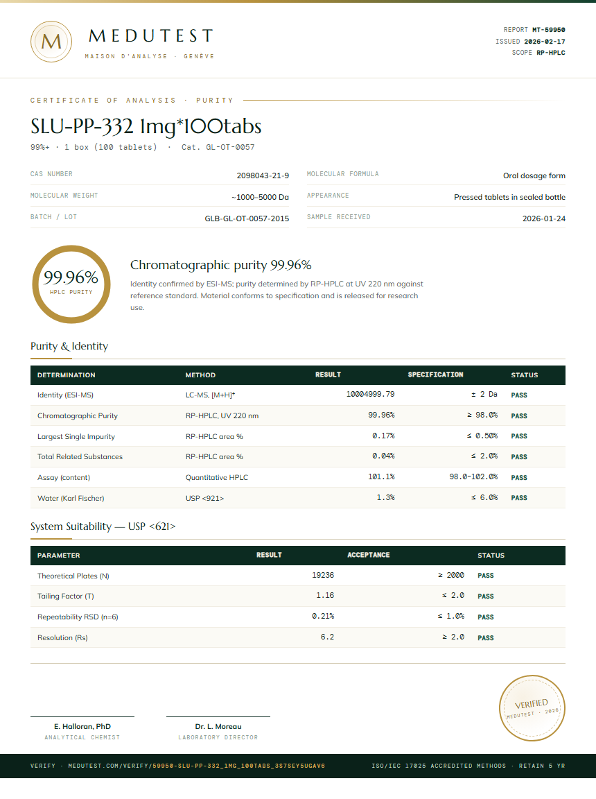 SLU-PP-332 1mg*100tabs Purity (HPLC) report by Medutest
