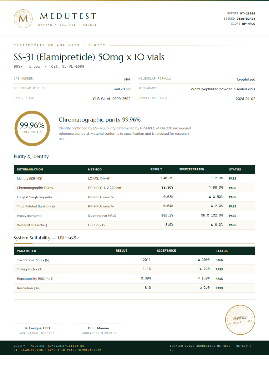 SS-31 (Elamipretide) 50mg x 10 vials Purity (HPLC) report by Medutest