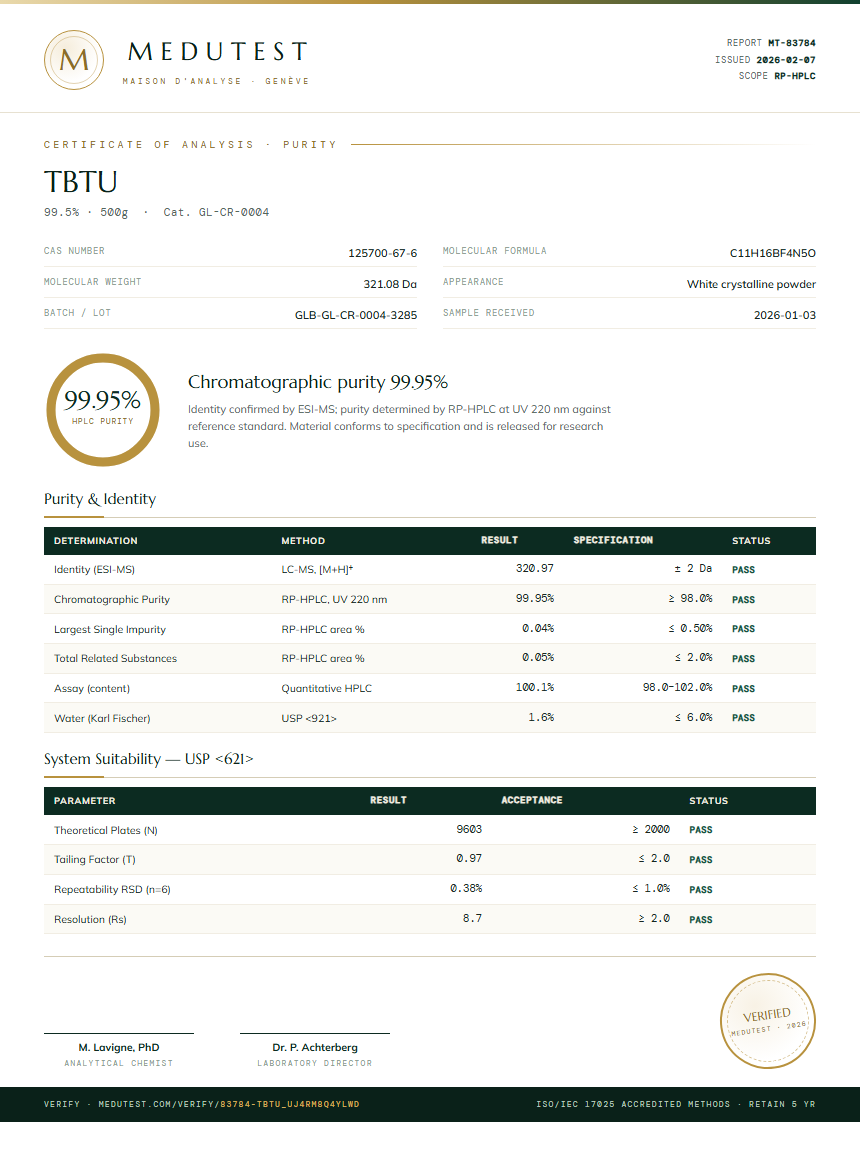 TBTU Purity (HPLC) report by Medutest