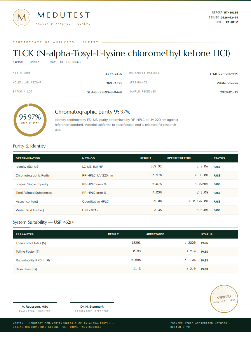 TLCK (N-alpha-Tosyl-L-lysine chloromethyl ketone HCl) Purity (HPLC) report by Medutest