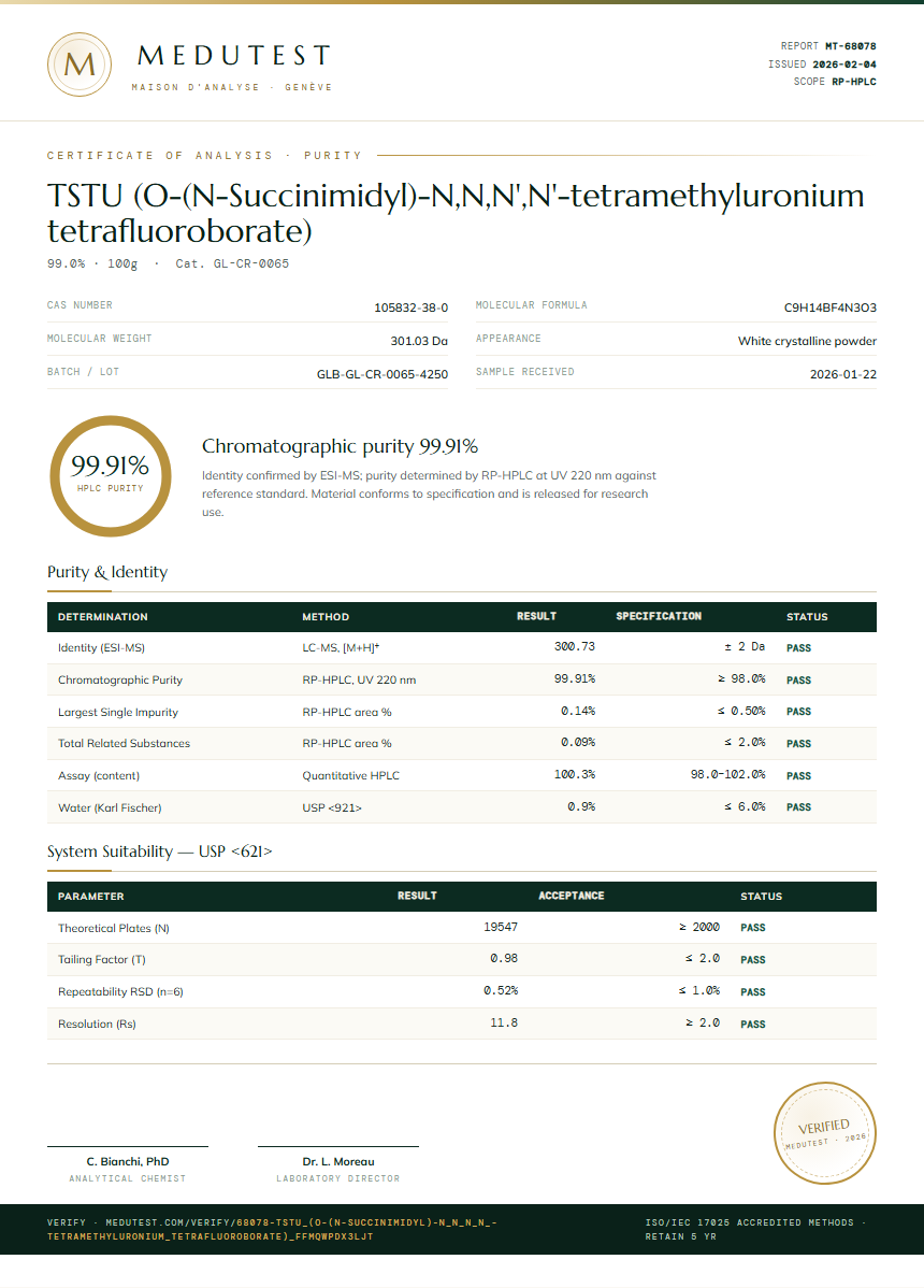TSTU (O-(N-Succinimidyl)-N,N,N',N'-tetramethyluronium tetrafluoroborate) Purity (HPLC) report by Medutest