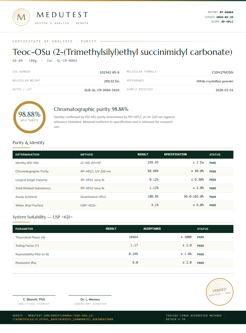 Teoc-OSu (2-(Trimethylsilyl)ethyl succinimidyl carbonate) Purity (HPLC) report by Medutest