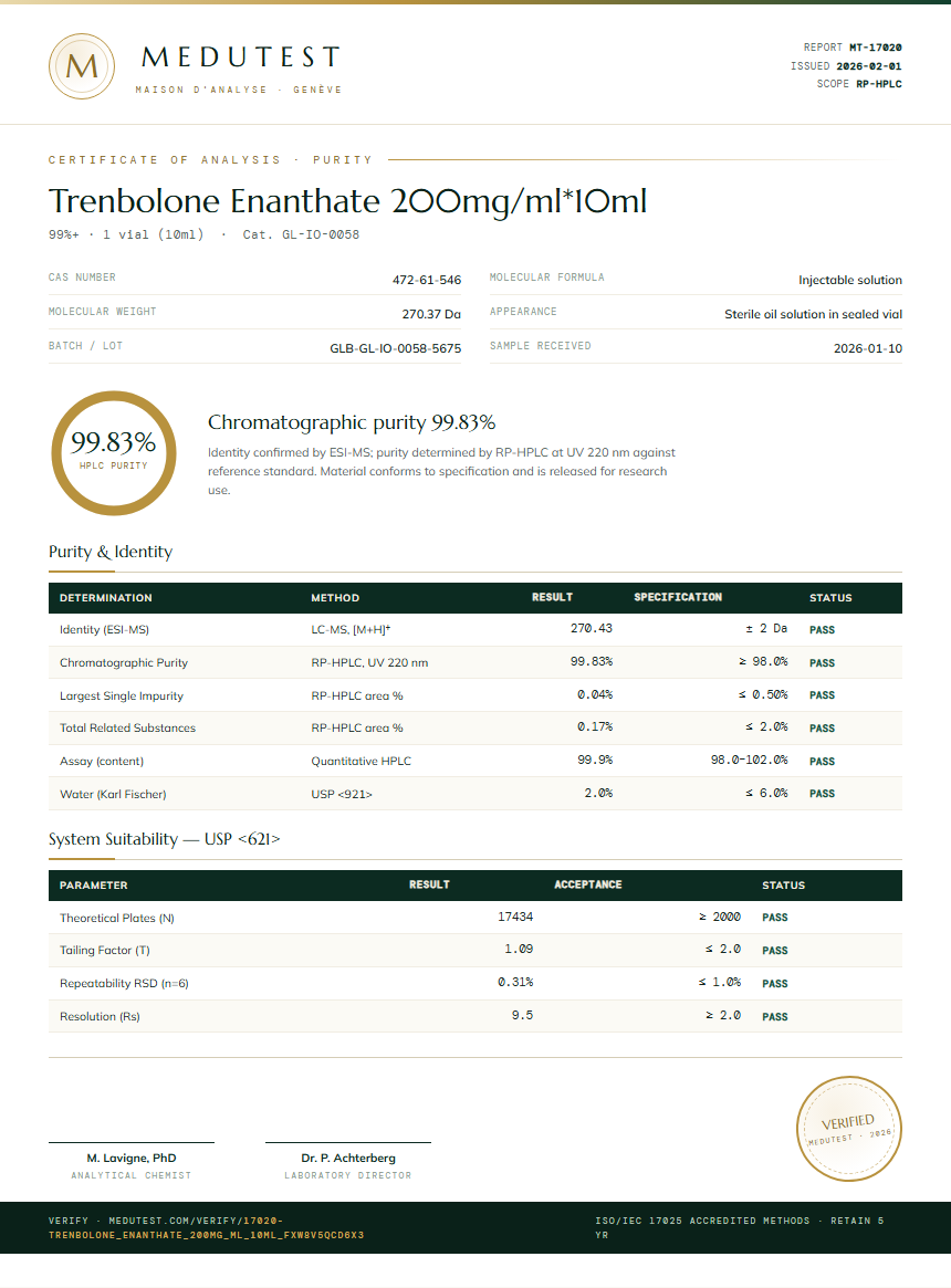 Trenbolone Enanthate 200mg/ml*10ml Purity (HPLC) report by Medutest