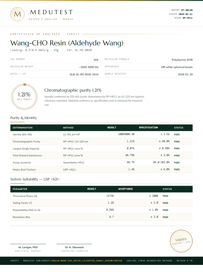 Wang-CHO Resin (Aldehyde Wang) Purity (HPLC) report by Medutest