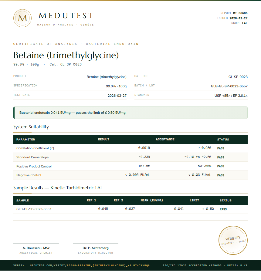 Betaine (trimethylglycine) Endotoxin report by Medutest