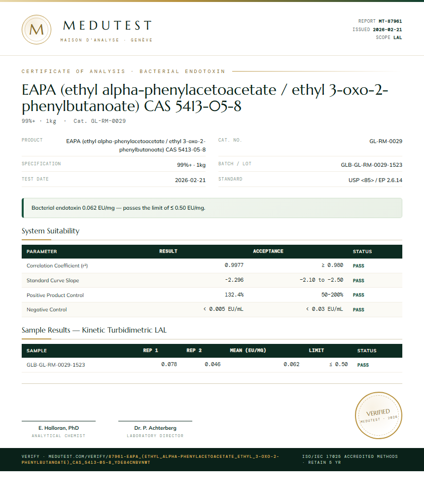 EAPA (ethyl alpha-phenylacetoacetate / ethyl 3-oxo-2-phenylbutanoate) CAS 5413-05-8 Endotoxin report by Medutest