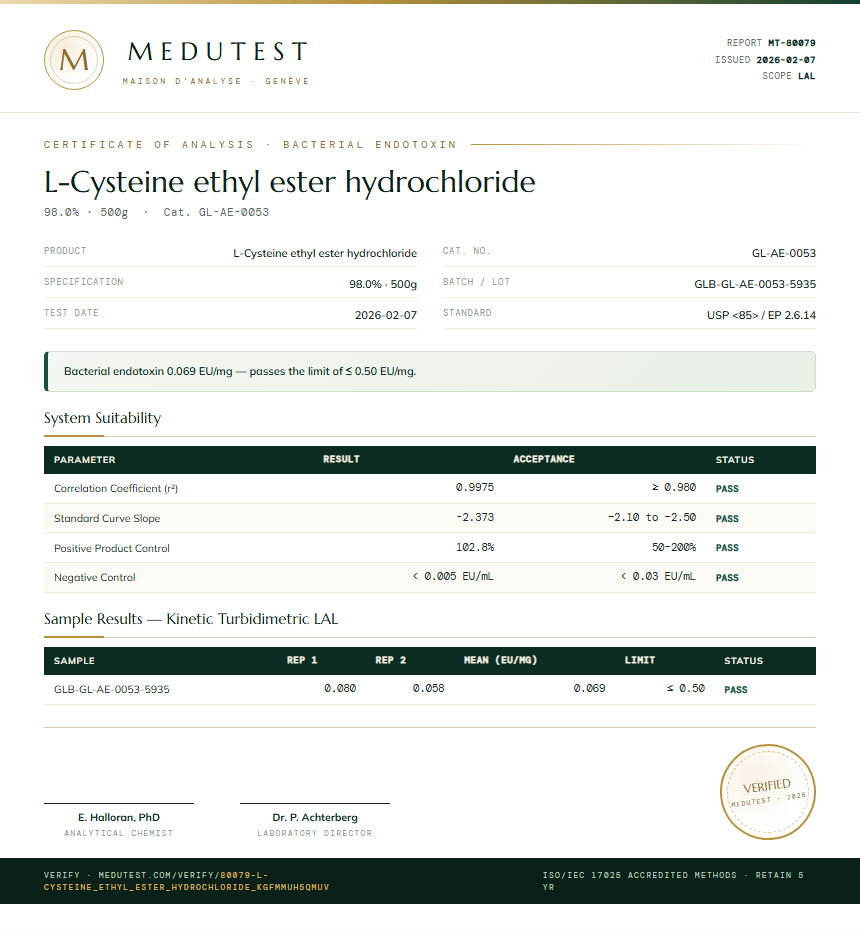 L-Cysteine ethyl ester hydrochloride Endotoxin report by Medutest